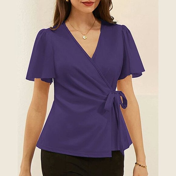 2025 Womens Summer Tops Dressy Business Casual Chiffon Short Sleeve - Picture 2 of 7